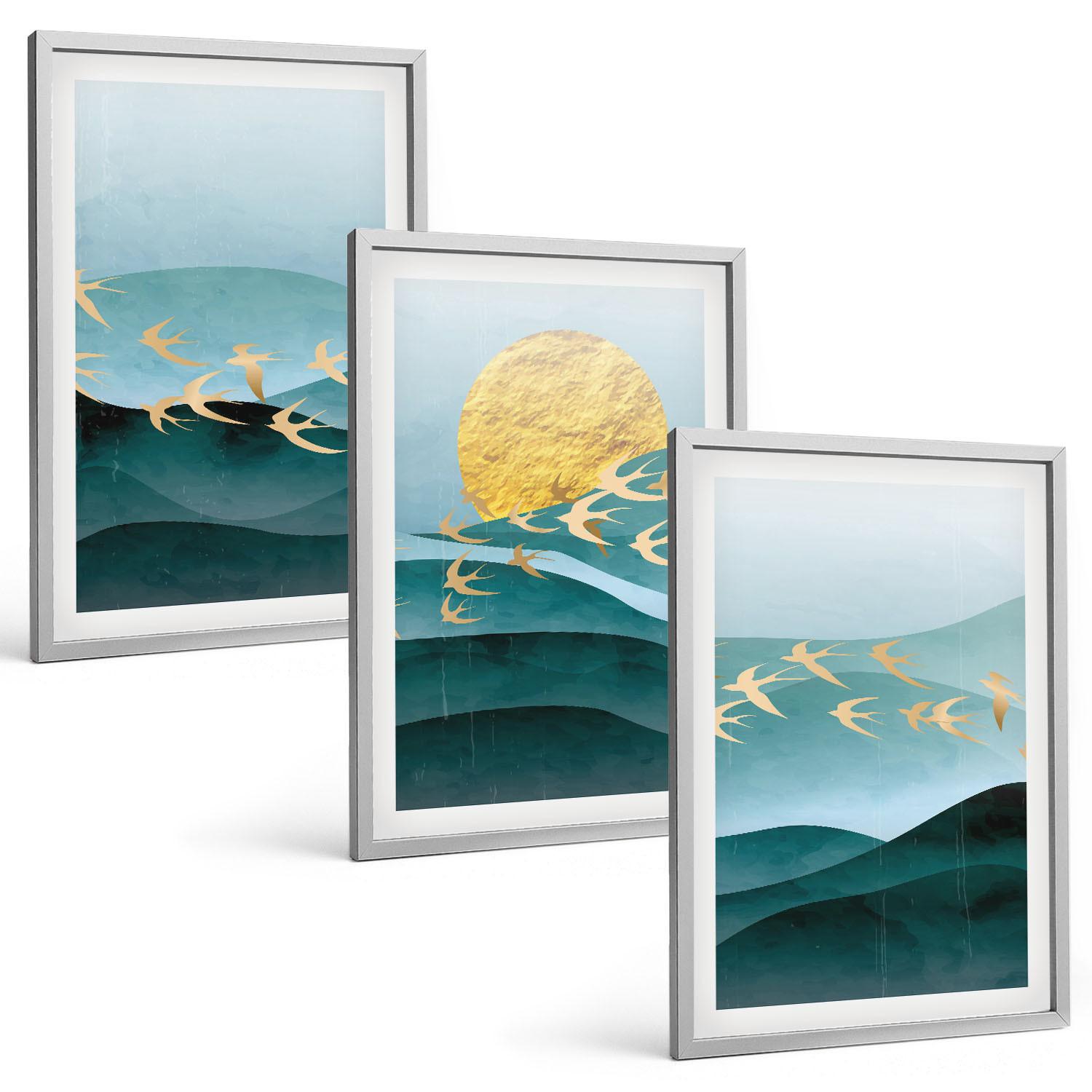 BILDER SET 3er Set - 40x60 cm Silberner Rahmen - Abstrakte Sonnenuntergangslandschaften - Silberfarben, Kunststoff (40/60cm) - TULUP
