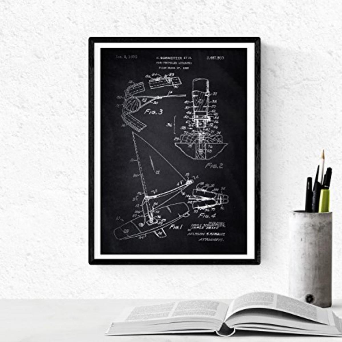 POSTER Set mit 4 Schwarz PATENTEN SURF A4 Schwarzer Rahmen - Schwarz, Papier (29.7/3cm) - Nacnic