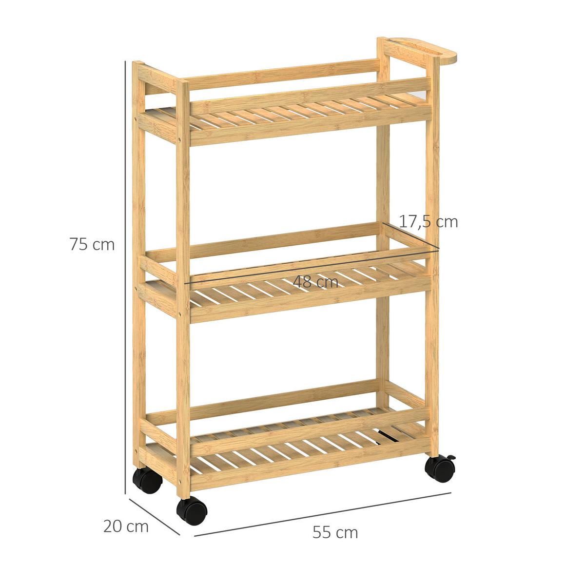 SERVIERWAGEN aus Bambus, 3-stöckiger, 55 x 20 x 75 cm, Naturholz - Naturfarben, Naturmaterialien (20/75/55cm) - HOMCOM