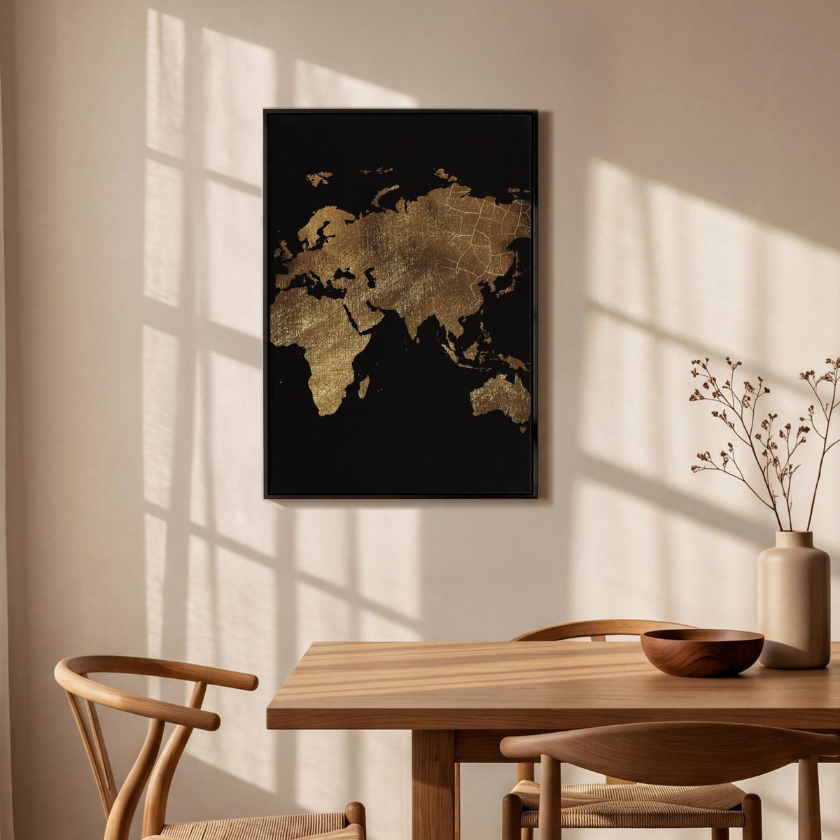 LEINWAND Bilder mit Rahmen - Weltkarte - Gold - Luxus - Erde - Schwarz - 60x90 - Goldfarben, Textil (60/90cm) - MuchoWow