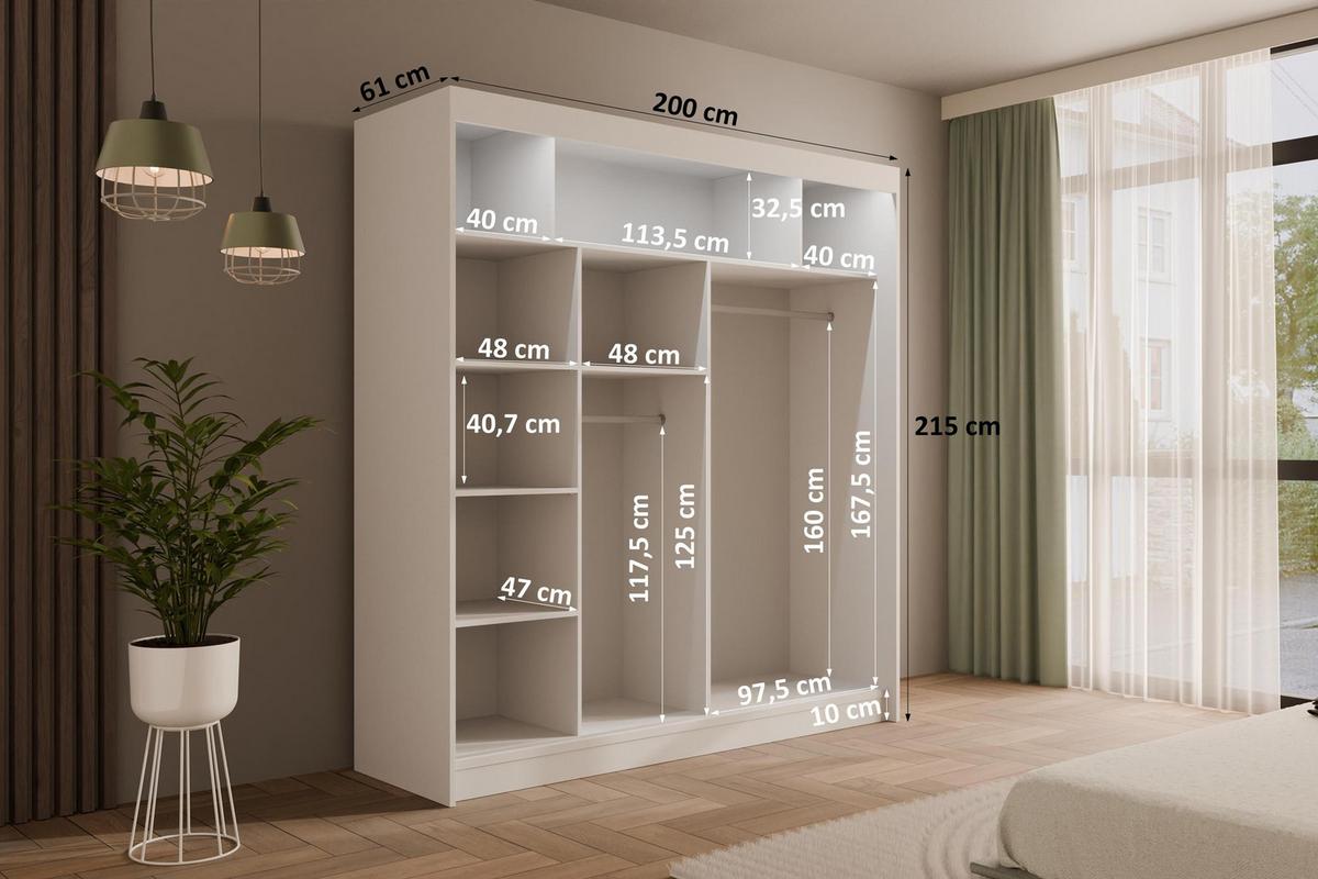 KLEIDERSCHRANK PEKA mit LED - 200 cm - Weiß - Weiß, Holzwerkstoff (200/215/61cm) - ALTDECOR