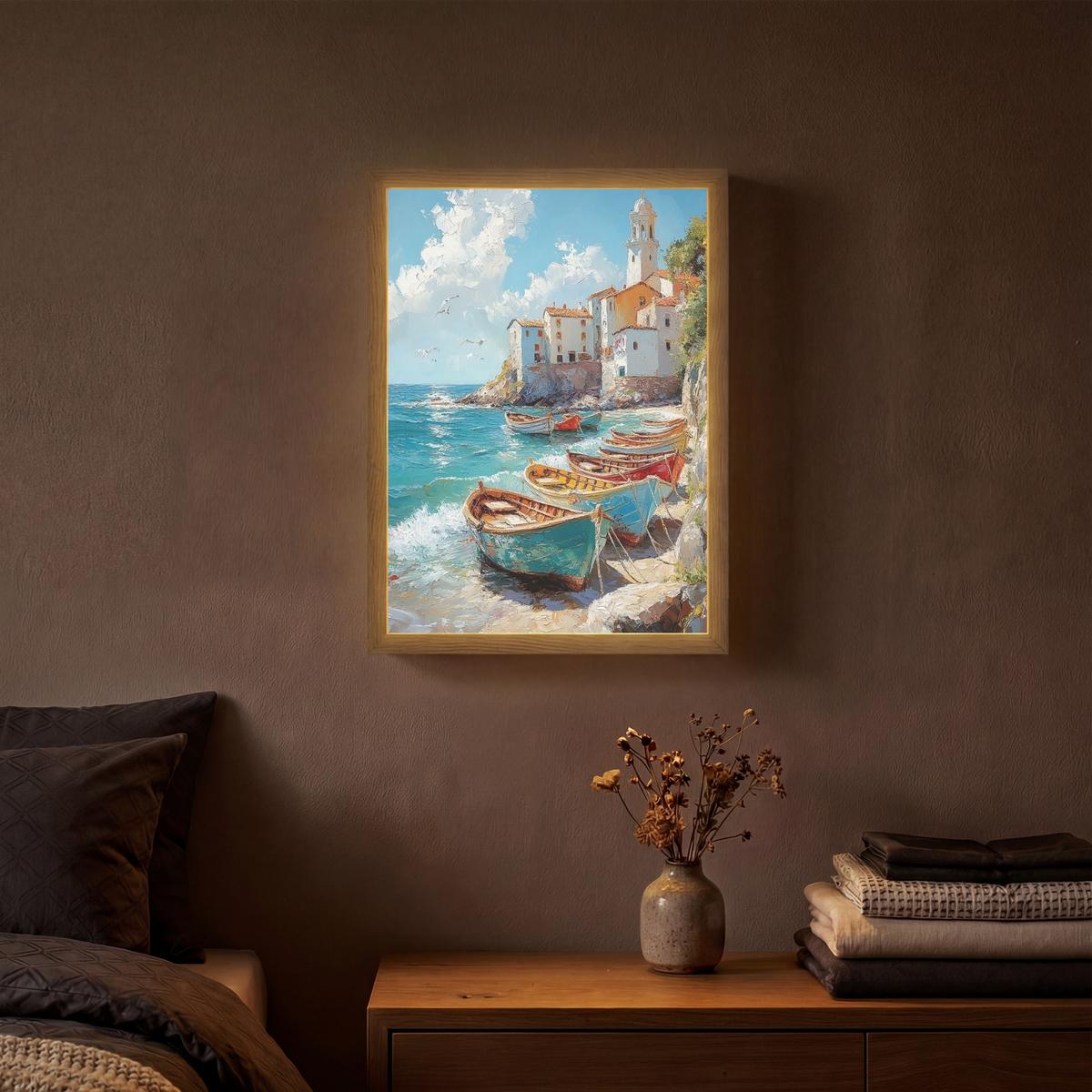 WANDLEUCHTE MIT AKKU Boote - Felsen - Meer - Sonne 30x40 cm - Blau, Holzwerkstoff (30/40/8cm) - OnlyWow