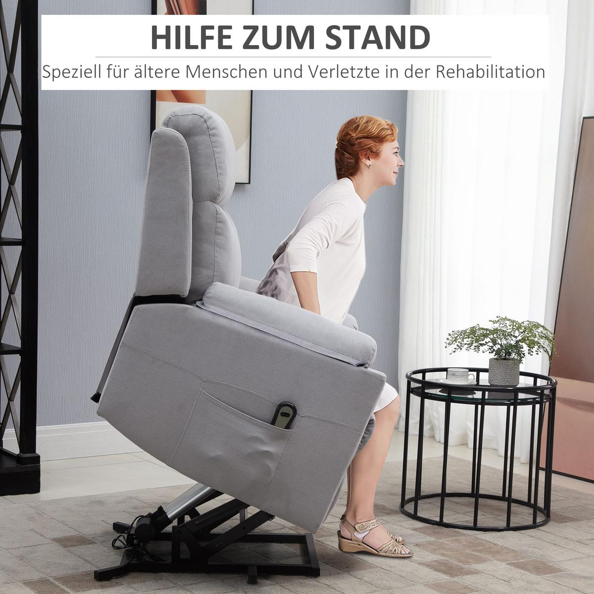 FERNSEHSESSEL mit Aufstehhilfe, Hellgrau - Hellgrau/Schwarz, Textil/Metall (89/102/83cm) - HOMCOM