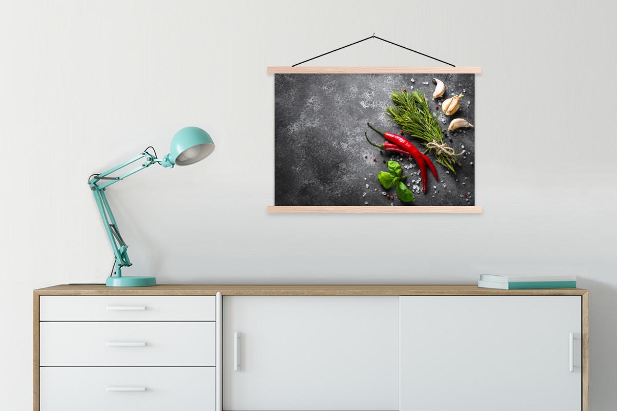 POSTER MIT MAGNETLEISTEN Pfeffer - Kräuter - Gewürze - Beton Wanddeko 90x60 cm - Dunkelgrau, Textil (90/60/0.15cm) - MuchoWow