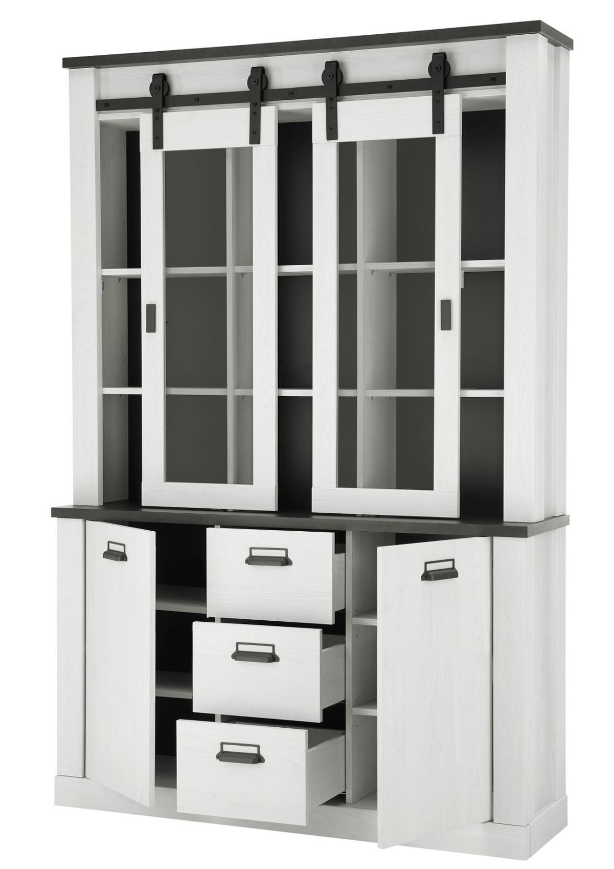 BUFFETSCHRANK weiß Pinie, anthrazit, Landhaus, Vitrinenschrank 133 x 201 cm - Anthrazit/Weiß, Holzwerkstoff/Metall (133/201/37cm) - Furn.Design