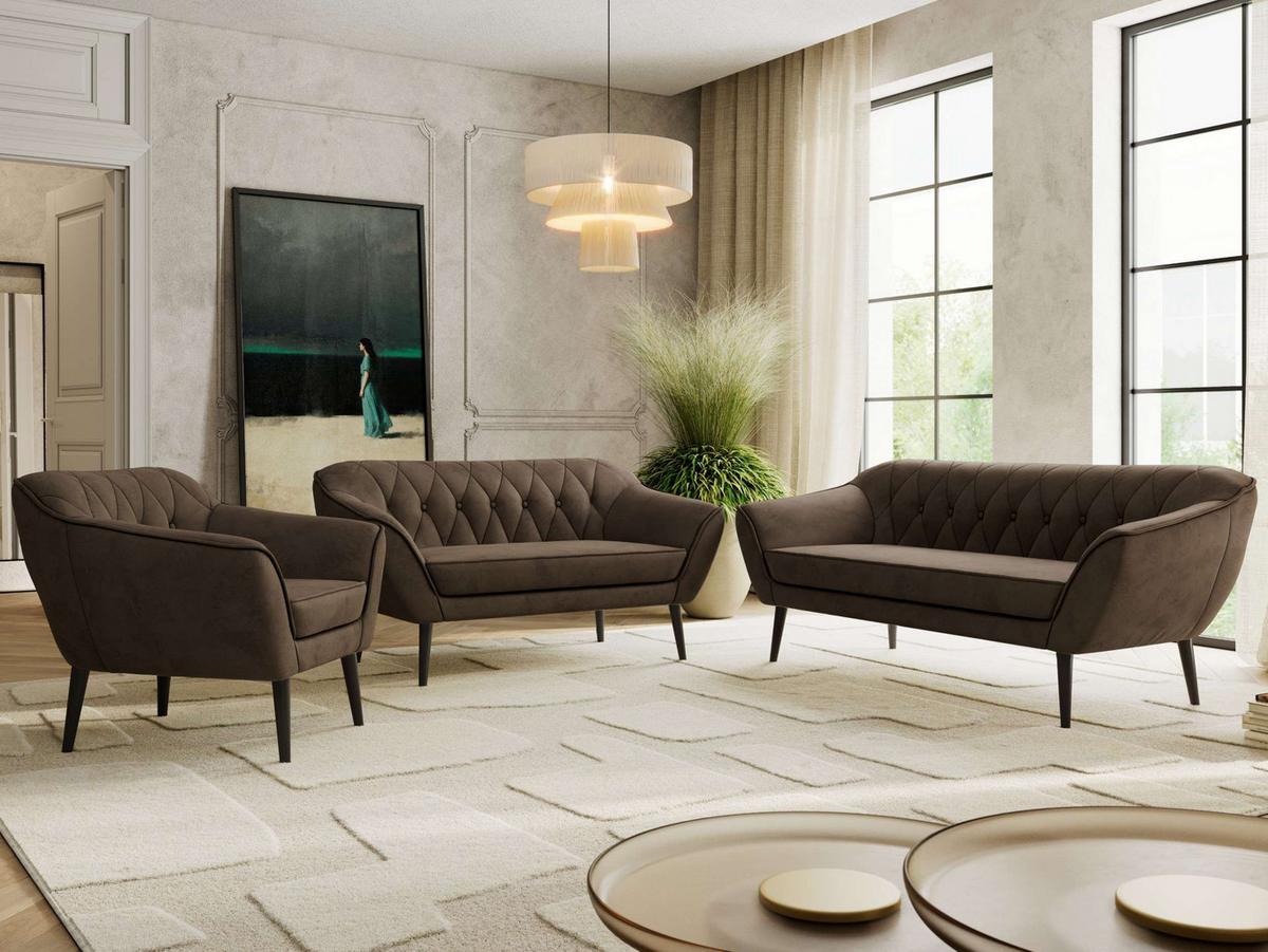 SITZGARNITUR PIRS 3+2+1 - Braun Velvet - Schwarze Beine - Dunkelbraun/Schwarz, Holzwerkstoff/Textil (180/75/74cm) - MKS