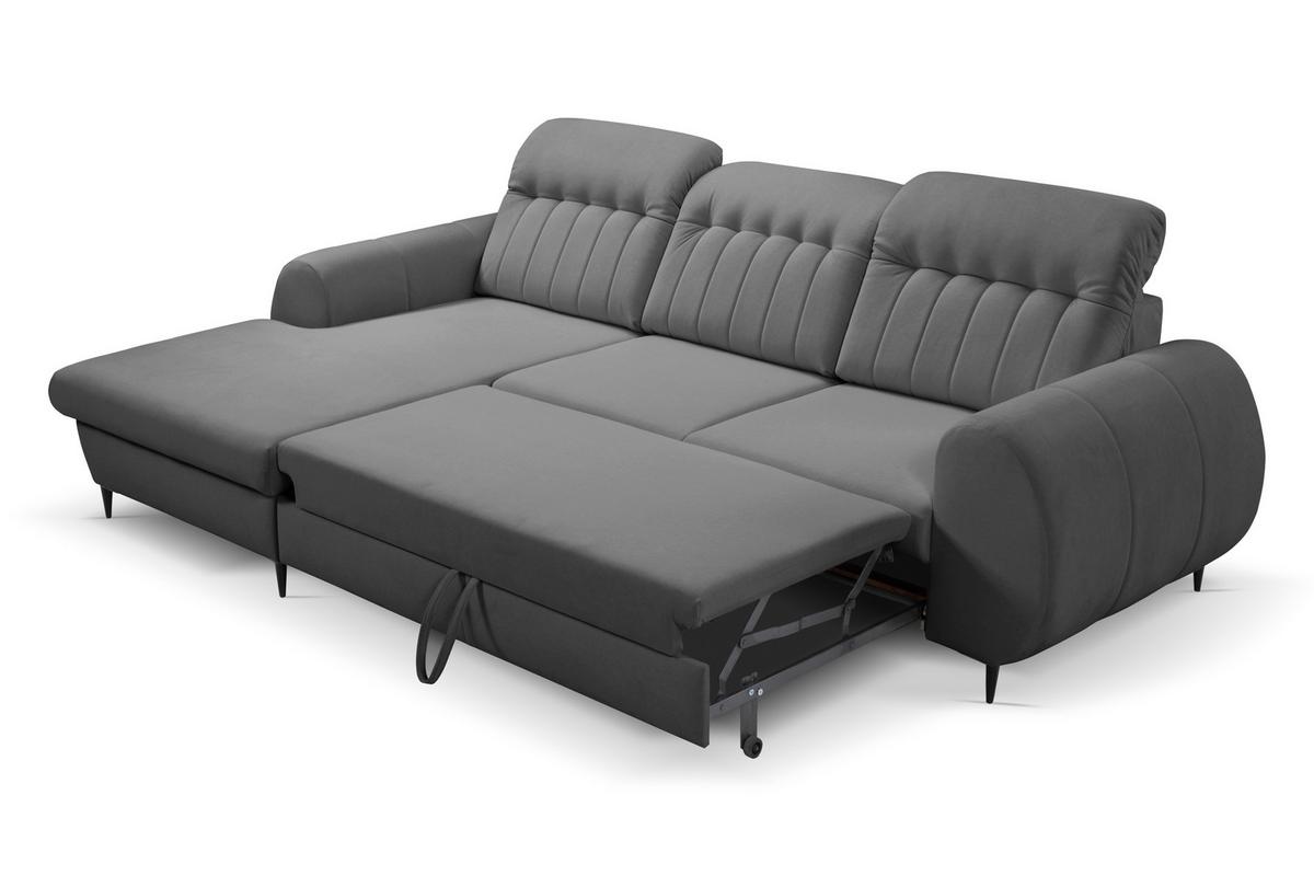 ECKSOFA PURO L-S Grau Plüsch-Stoff mit Schlaffunktion - Grau, Holz (275/166cm) - MASSENO