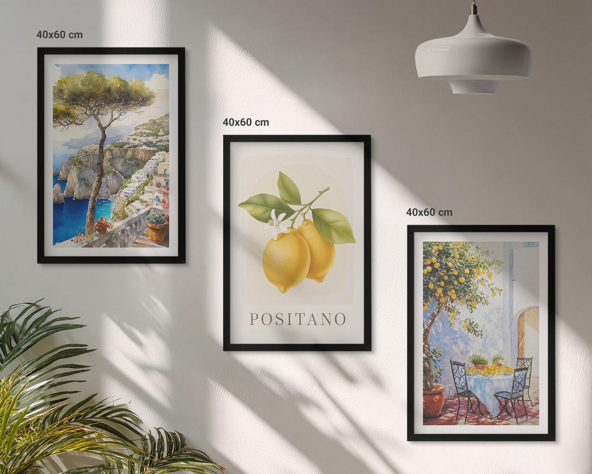 BILDER SET 3er Set - 40x60 cm Schwarzer Rahmen - Ansichten von Positano mit Zitronen - Schwarz, Kunststoff (40/60cm) - TULUP