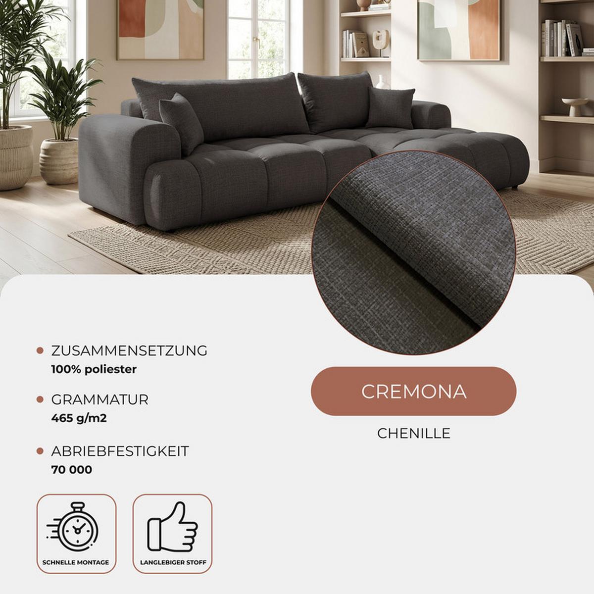 ECKSOFA MILANO Links mit Schlaffunktion und Bettkasten Dunkelgrau - Dunkelgrau, Kunststoff/Textil (265/145cm) - Idohome