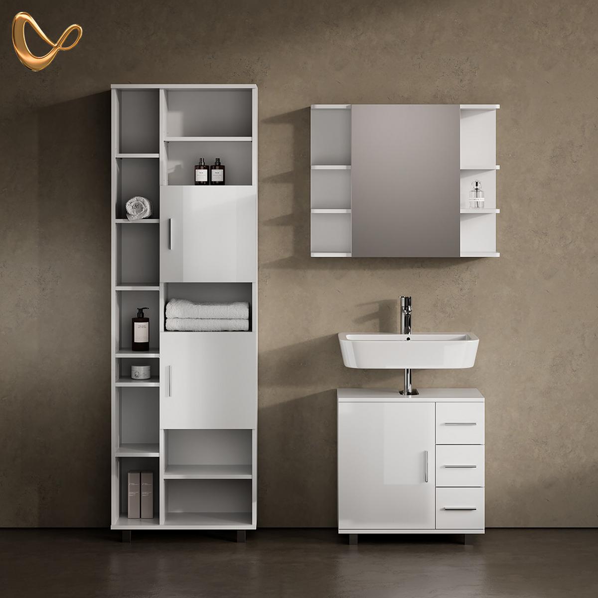 BADMÖBEL-SET Eisak Weiß Hochglanz 3 Teile, mit Hochschrank - Weiß Hochglanz, Holzwerkstoff (60/60/33cm) - Livinity®