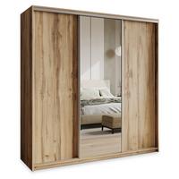 SCHWEBETÜRENSCHRANK TAVI 180/205/60 cm 3-türig mit Spiegel und Schubladen Eiche Wotan - Eiche Wotan/Nickelfarben, Holzwerkstoff (180/205/60cm) - MASSENO