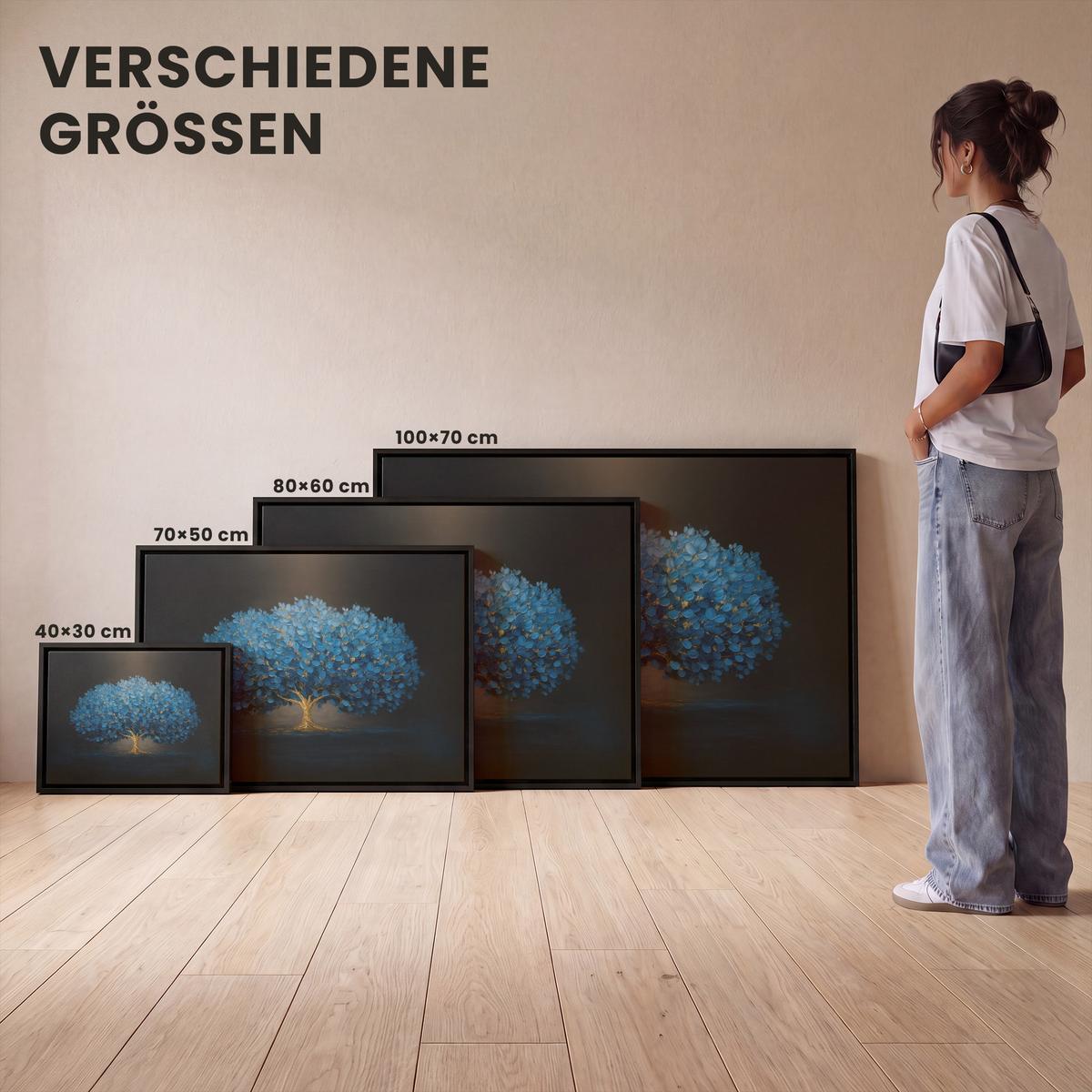 LEINWAND Bilder mit Rahmen - Baum - Blau - Blätter - Pinselstriche - 80x60 - Blau, Textil (80/60cm) - MuchoWow