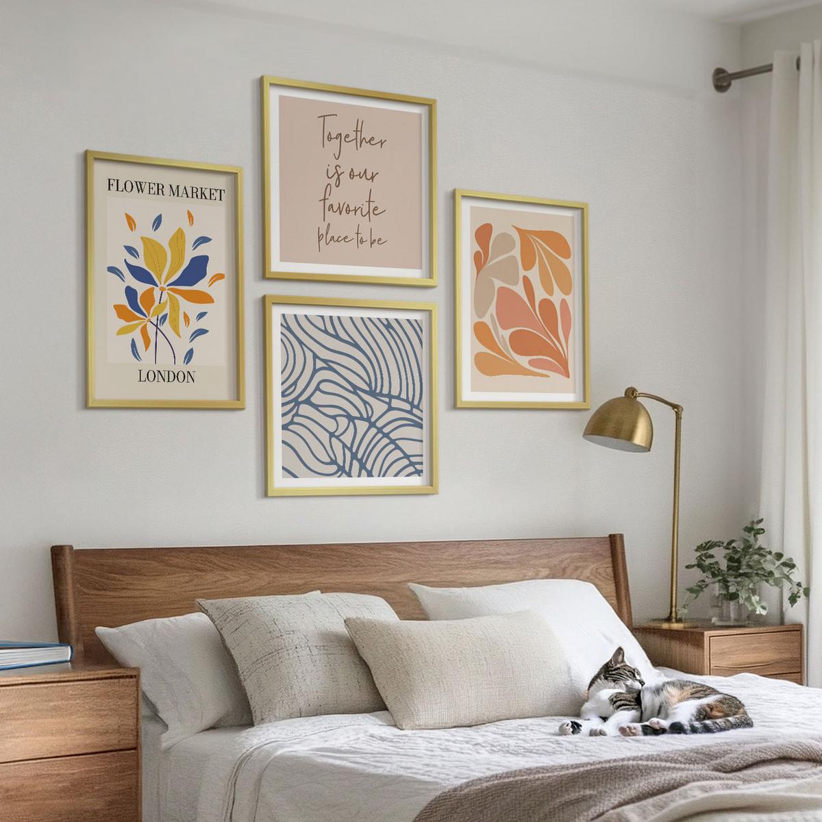 BILDER SET 4er Set - 50x50 cm & 40x60 cm Goldrahmen - Moderne abstrakte Blumen - Goldfarben, Kunststoff (50/50cm) - TULUP