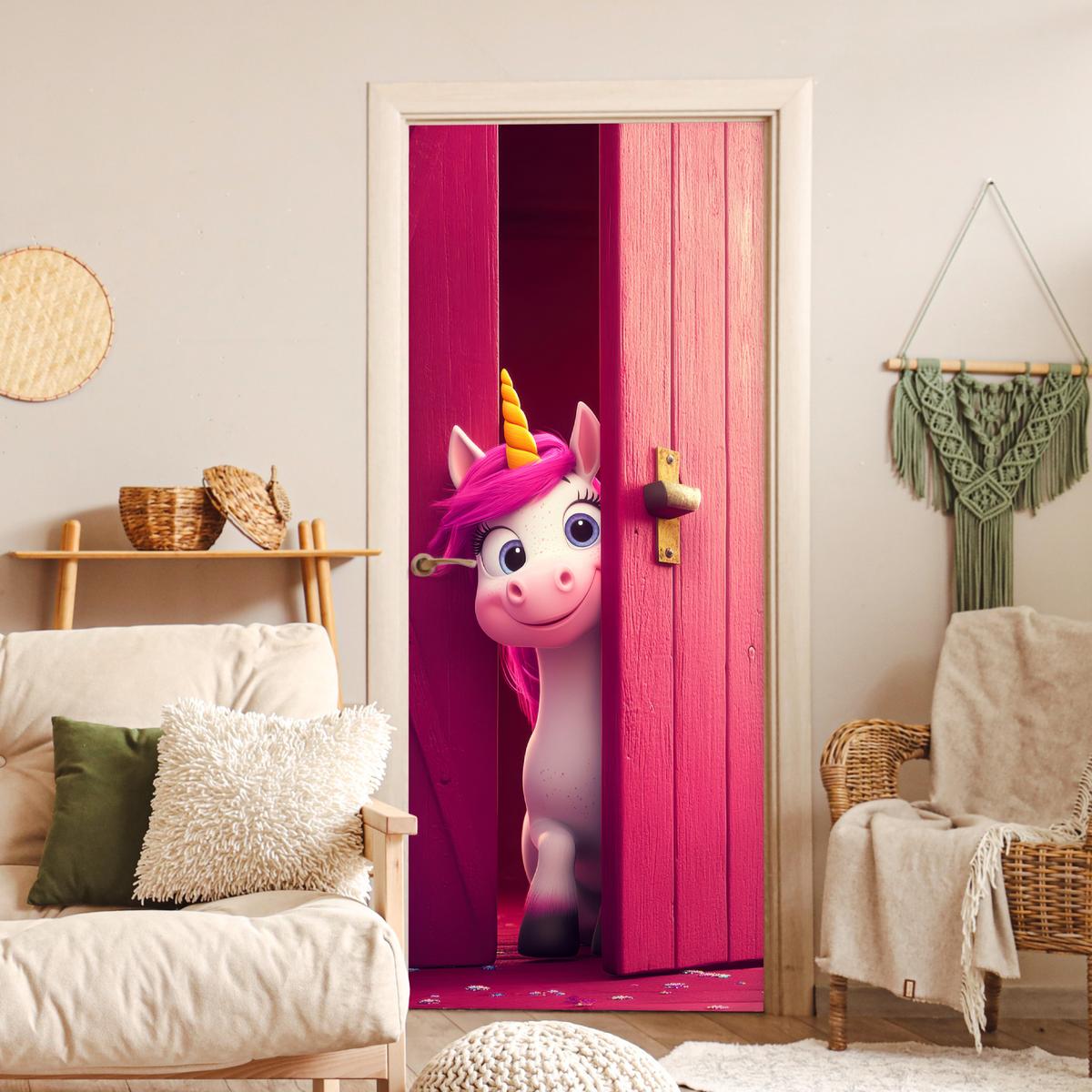 TÜRAUFKLEBER Einhorn - Rosa - Tür - Fantasie 90x215 cm - Türtapete - Pink, Kunststoff (90/0.1cm) - MuchoWow