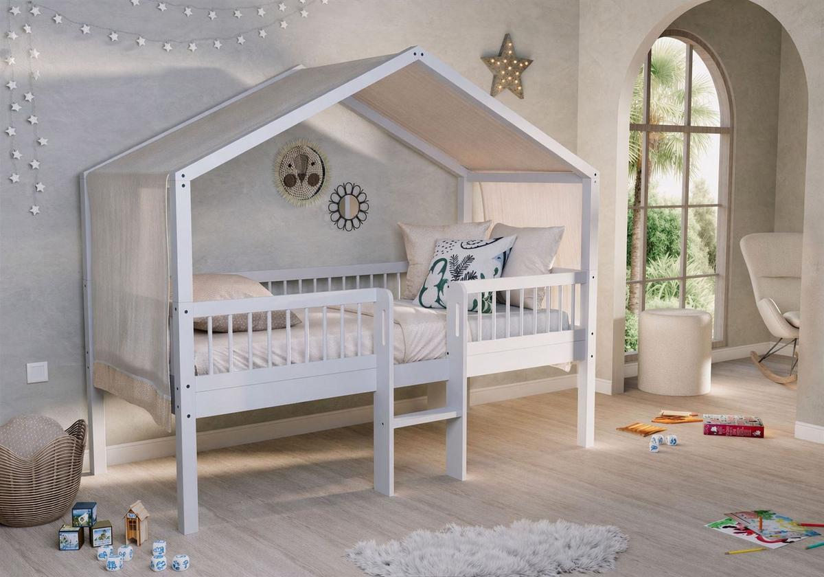 HAUSBETT HALBHOCH 90x200 Keeley Buche Weiß Leiter Himmel - Weiß, Holz (90/200cm) - 58aufmkessel