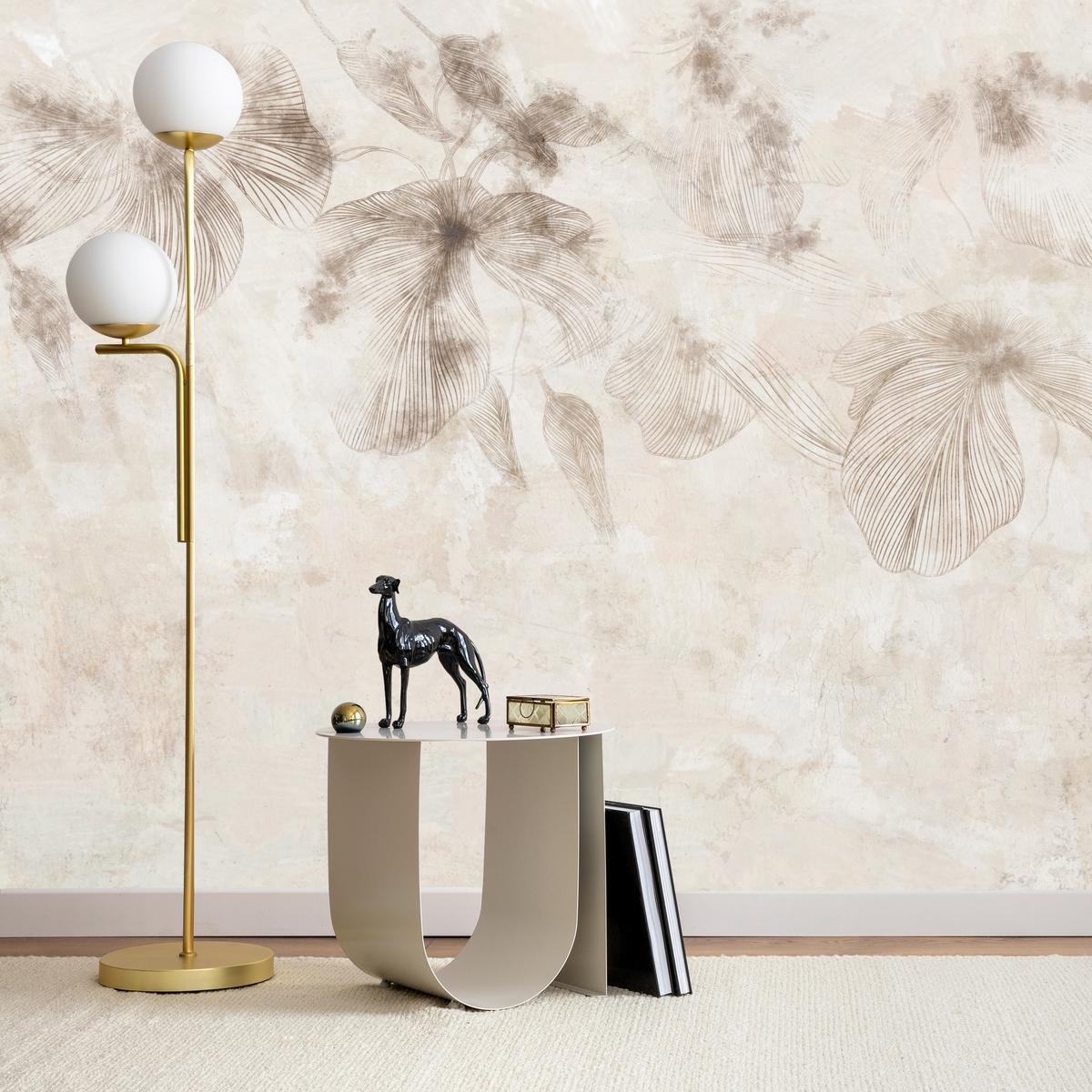 FOTOTAPETE für Wohnzimmer Boho Blumen auf Beton Natur Vintage 450x315 - Beige/Braun, Papier (450/315cm) - Muralo