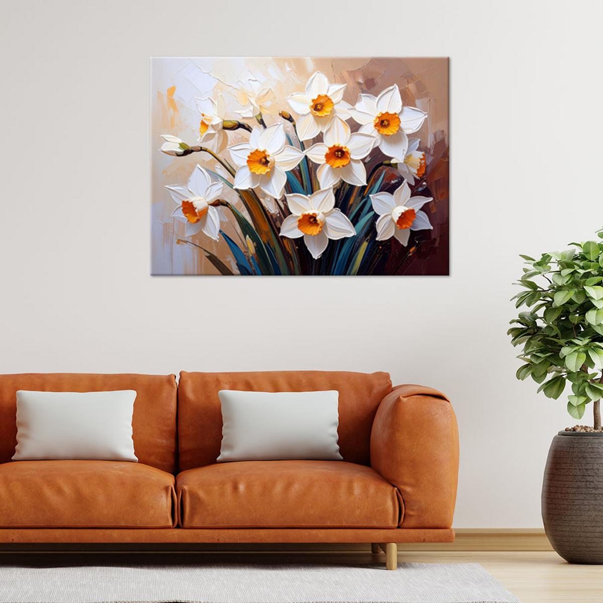 LEINWANDBILD Narzissen Blumen auf abstraktem beigem Hintergrund 120x80cm - Beige, Textil (120/80cm) - Feeby