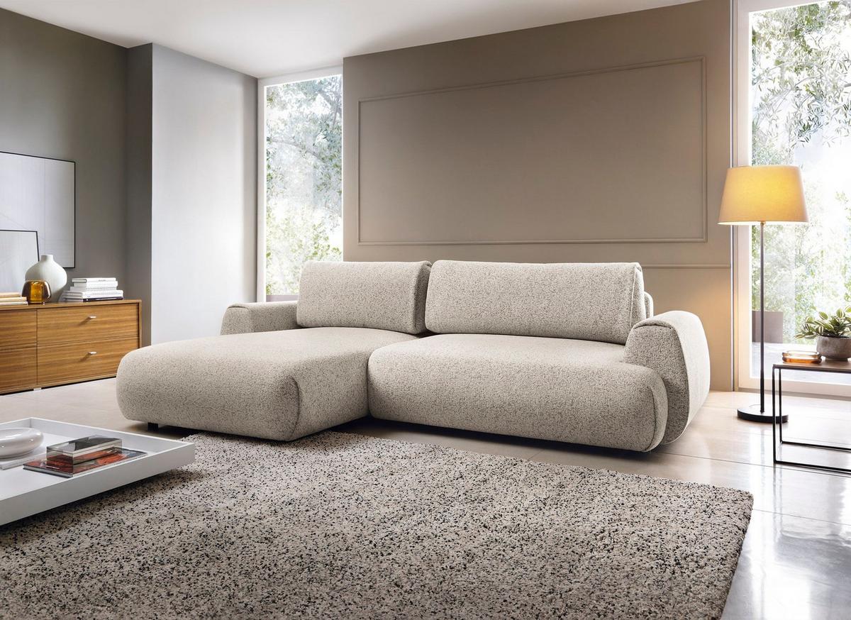 ECKSOFA ZEST Beige Geflochtener Stoff mit Schlaffunktion - Beige, Holz (270/167cm) - MASSENO