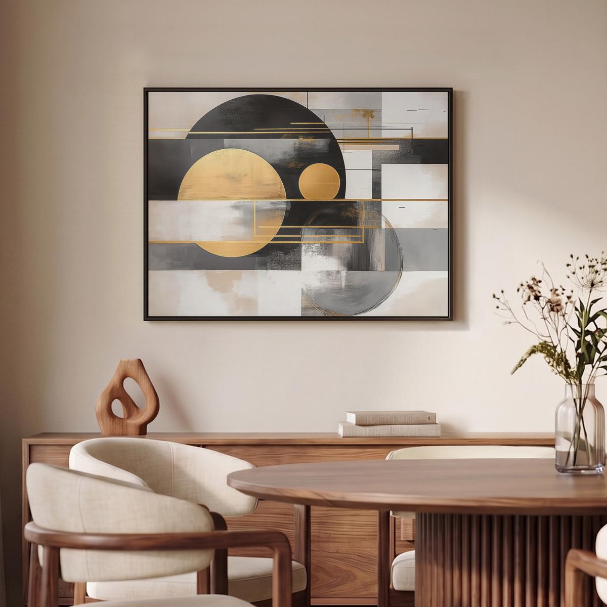 LEINWAND Bilder mit Rahmen - Abstrakt - Gold - Silber - Formen - Ästhetisch - Modern - 80x60 - Goldfarben, Textil (80/60cm) - MuchoWow