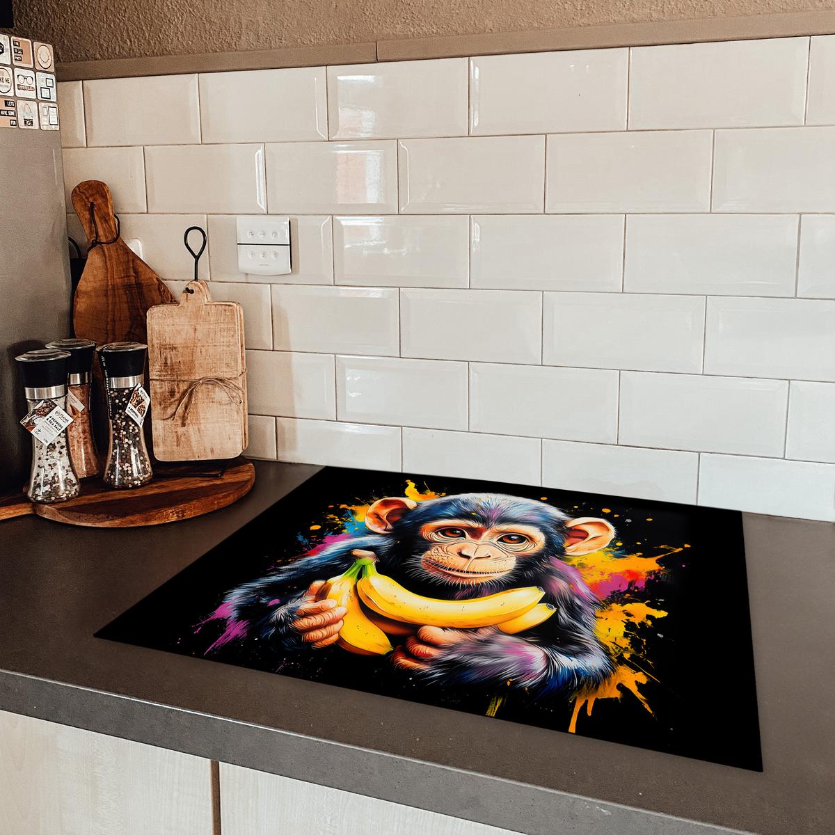 HERDABDECKPLATTE Affe - Graffiti - Farbenfroh - Bananen - Modern Herdabdeckung Induktionsfeld 65x52 cm - Gelb, Kunststoff (65/52/0.2cm) - MuchoWow