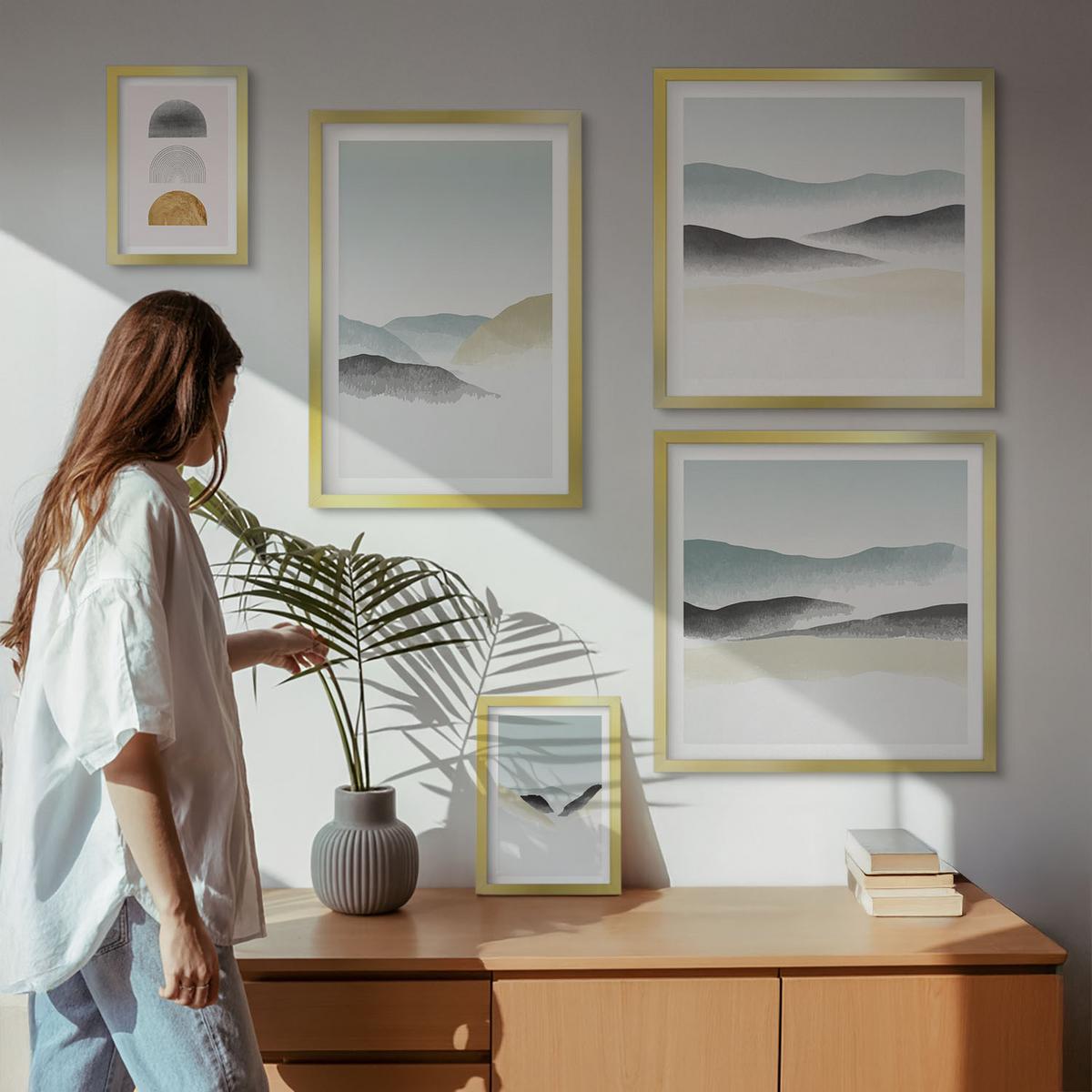 BILDER SET 5er Set - 50x50 cm & 20x30 cm & 40x60 cm Goldrahmen - Wellen – Japanische Kunstgrafik - Goldfarben, Kunststoff (40/60cm) - TULUP