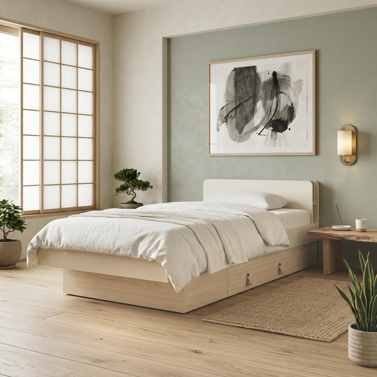 BETT Sorella 90x200 cm mit Lattenrost und Bettkasten-Schublade, mit Matratze 26 cm, Macadamia + Eiche Mavelie - Eichefarben/Beige, Leder/Holzwerkstoff (90/200cm) - Beautysofa
