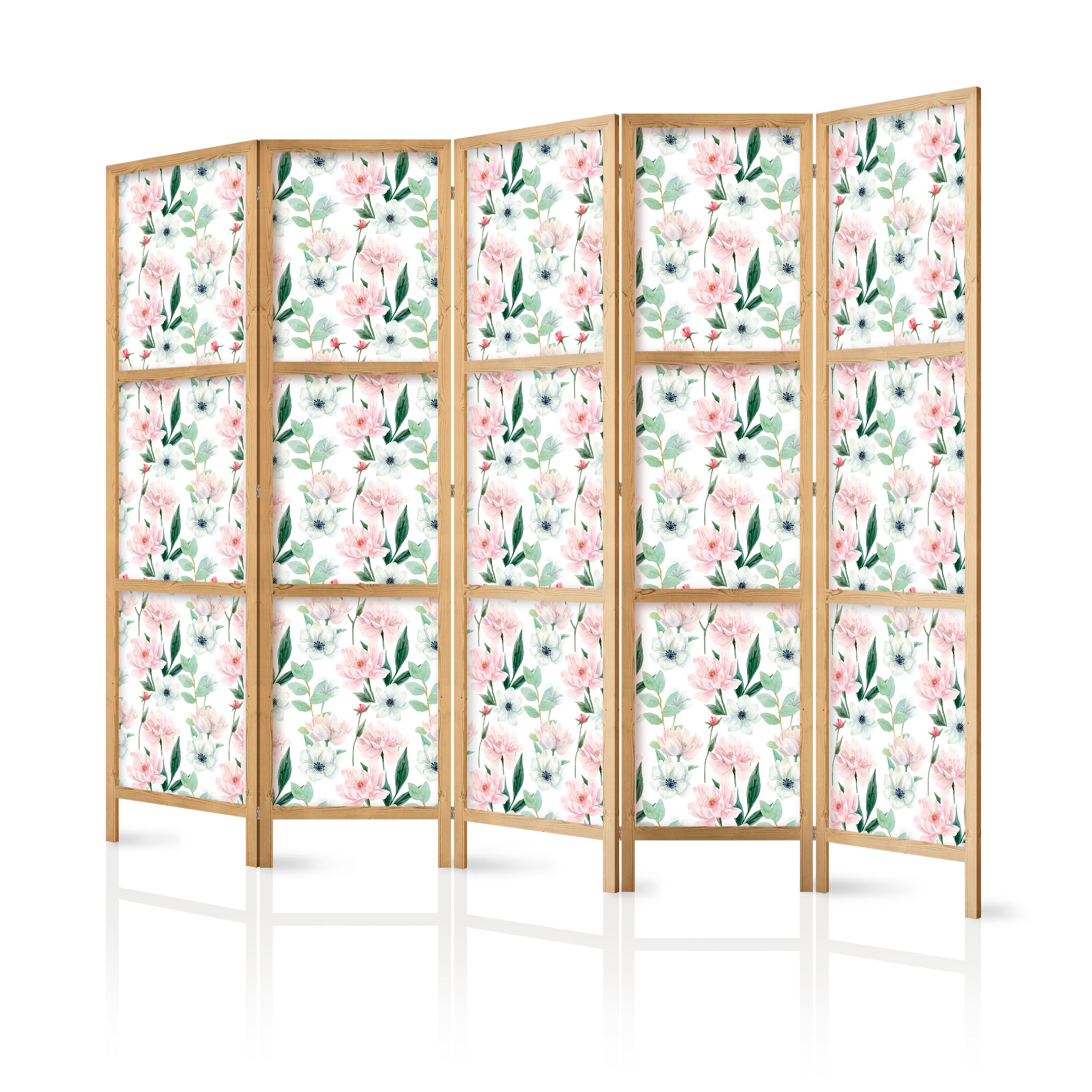PARAVENT Japanischer 5-tlg 225x172 cm Blumen und Bl tter - Multicolor, Holz/Textil (225/172/3cm) - Muralo
