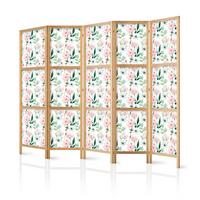 PARAVENT Japanischer 5-tlg 225x172 cm Blumen und Bl tter - Multicolor, Holz/Textil (225/172/3cm) - Muralo