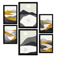POSTER Set Mit 6 Bergrahmen In Kulissen Abstracts Ästhetische Dekorative Gemälde Für Ihr Wohnzimmer, Schlafzimmer, Zuhause A3 & A4 Schwarzer Rahmen - Schwarz, Papier (29/3cm) - Nacnic