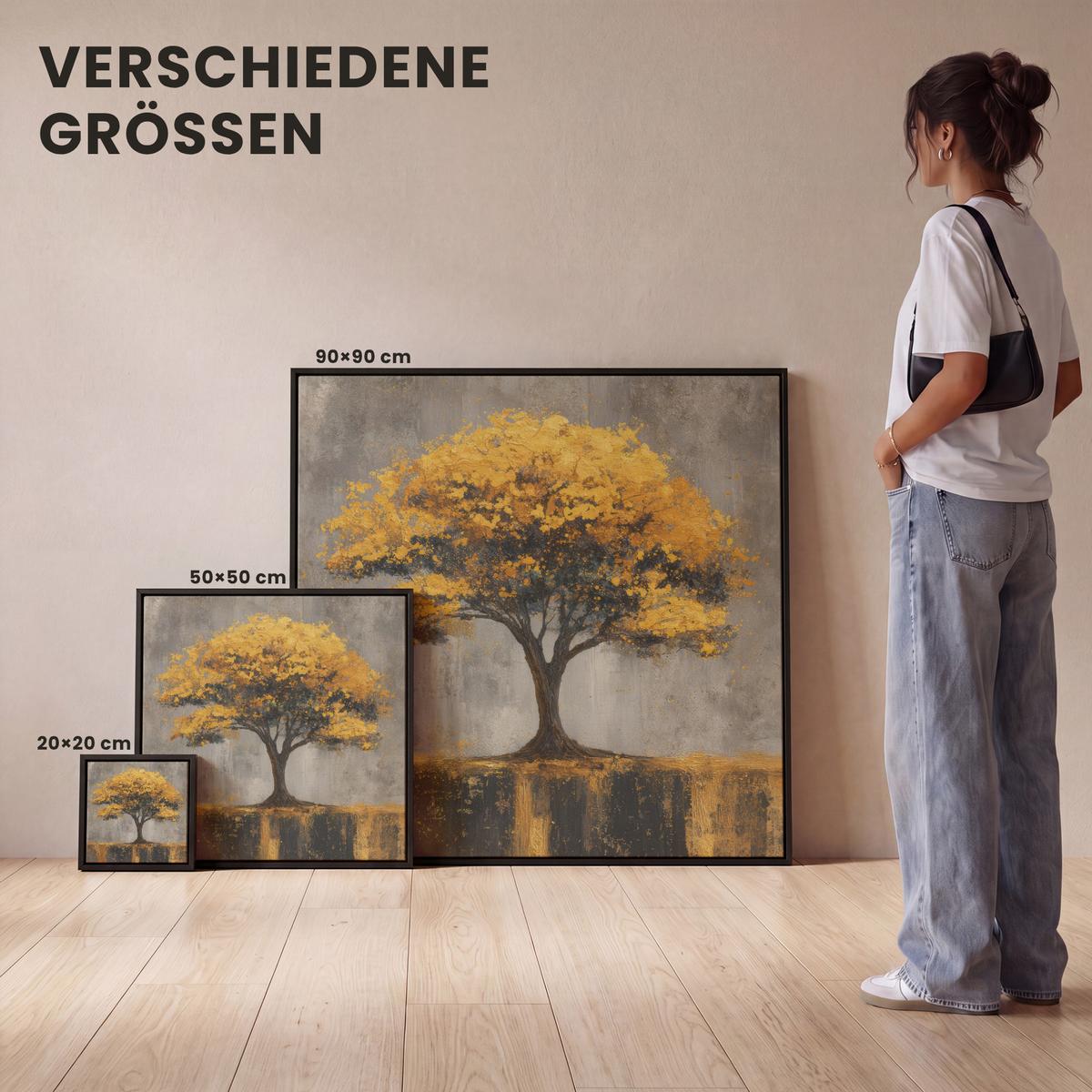 LEINWAND Bilder mit Rahmen - Baum - Blätter - Gold - Abstrakt - 50x50 - Grau, Textil (50/50cm) - MuchoWow