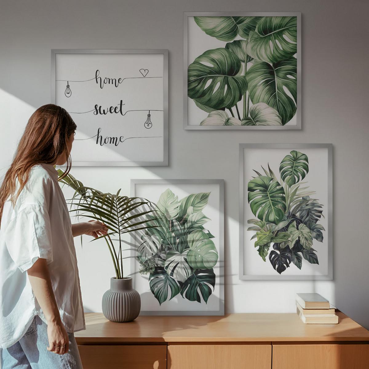 BILDER SET 4er Set - 50x50 cm & 40x60 cm Silberner Rahmen - Aquarell von grünen tropischen Blättern - Silberfarben, Kunststoff (50/50cm) - TULUP
