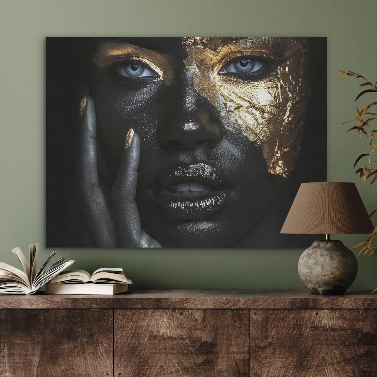 AKUSTIKBILD Frau - Gold - Porträt - Schwarz-Weiß - Luxus Gemälde 80x60 cm - Hellblau, Kunststoff (80/60/0.9cm) - MuchoWow
