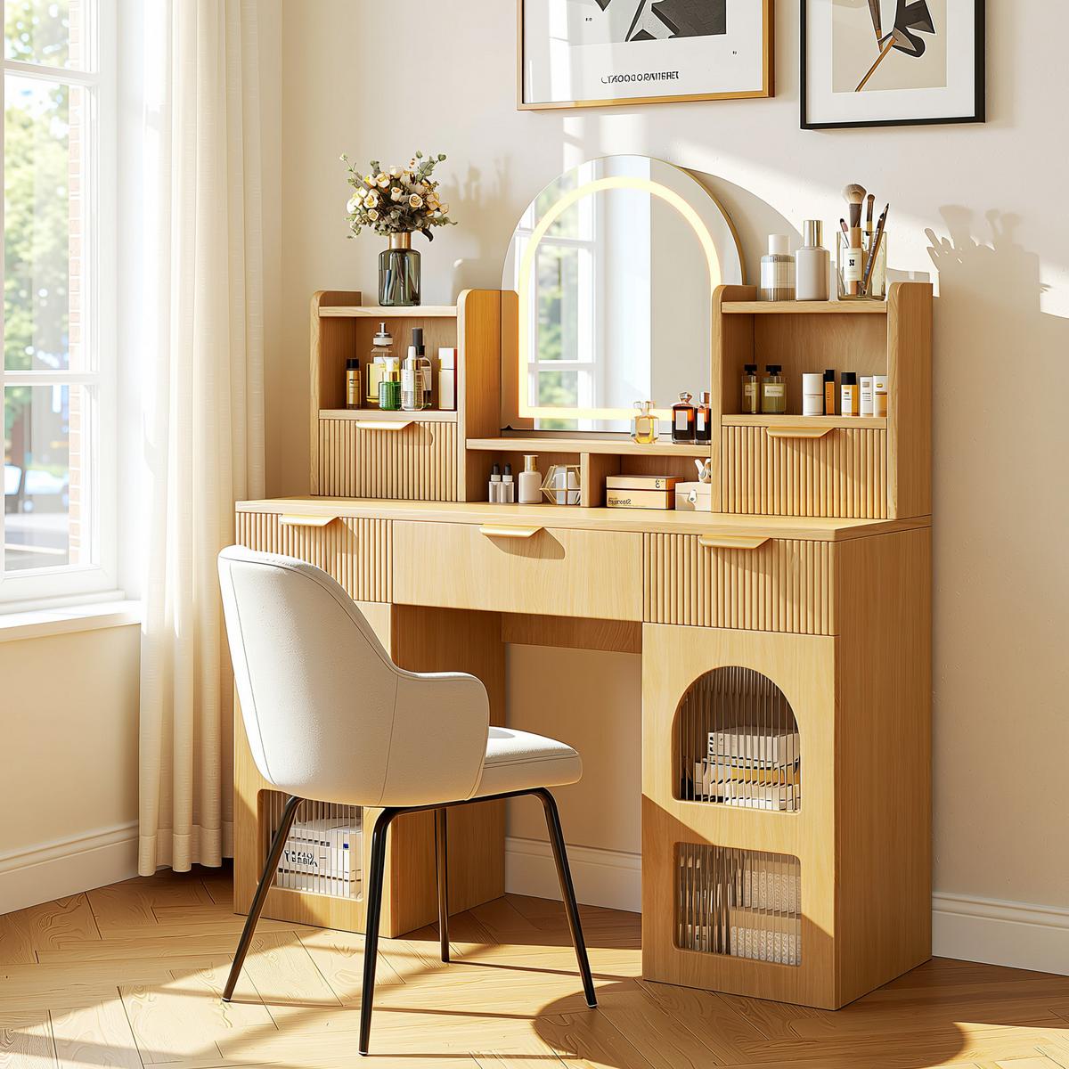 SCHMINKTISCH holzoptik mit LED-Spiegel & Glasvitrinen - Naturfarben, Holzwerkstoff (120/139.5/40cm) - Urban Meuble