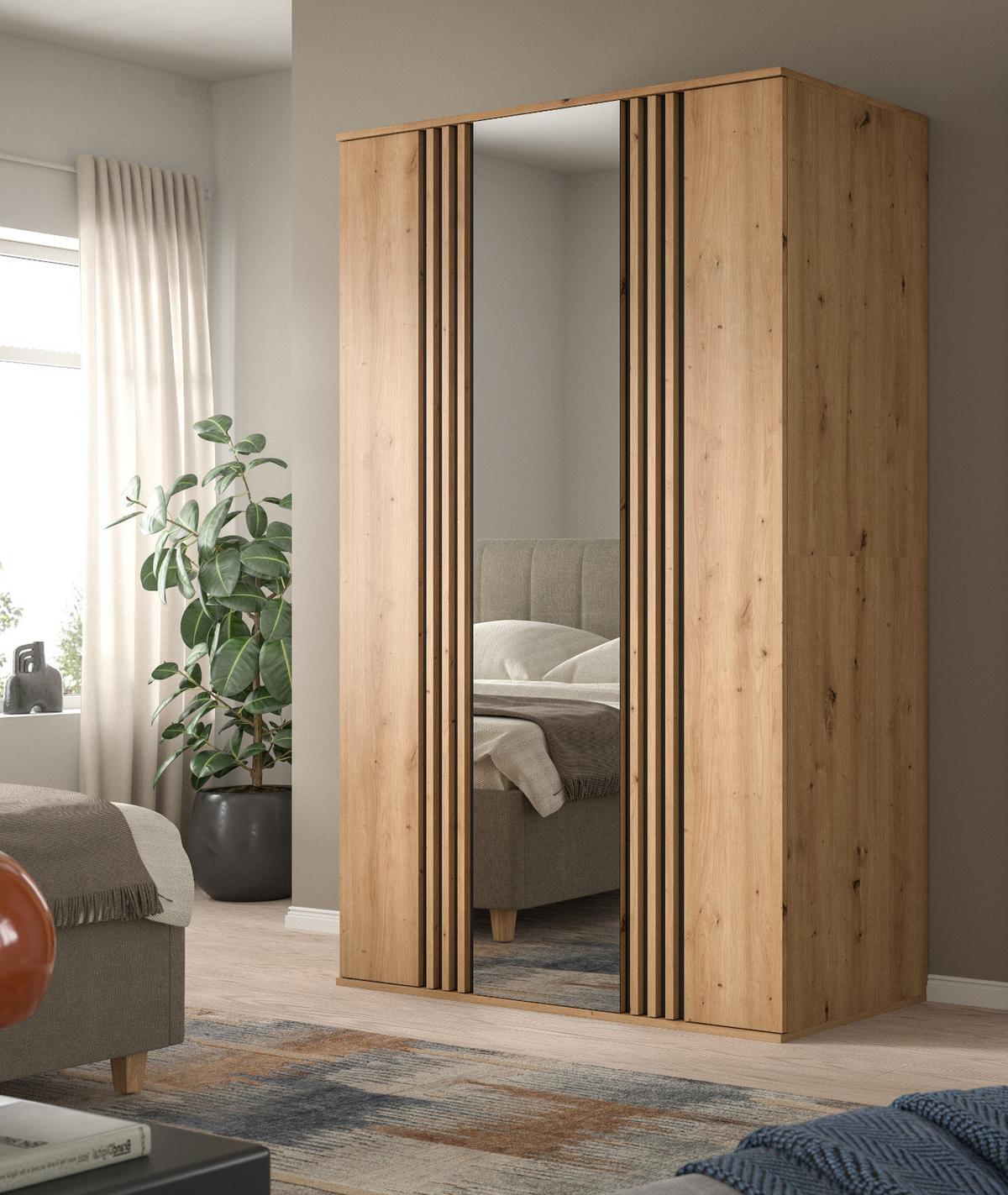 KLEIDERSCHRANK Eiche Artisan, grau 120 x 192 cm 3-türig, Drehtürenschrank mit Spiegel - Anthrazit/Eiche Artisan, Holzwerkstoff (120/192/56cm) - Inn.Furn