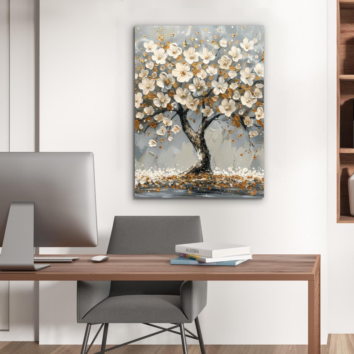 METALLBILD Baum - Blumen - Weiß - Natur - Kunst 60x80 cm - Weiß, Metall (60/80cm) - MuchoWow
