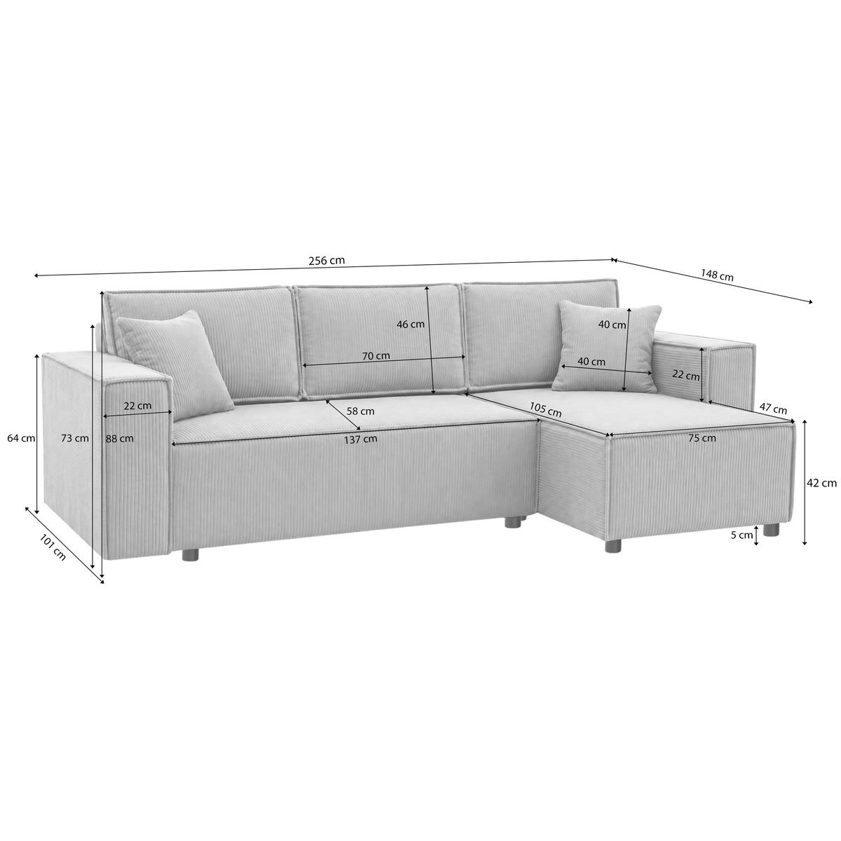ECKSCHLAFSOFA Neapol mit Bettkasten, 255 cm, Cord-Stoff, Beige - Beige/Schwarz, Textil (256/148cm) - Beautysofa