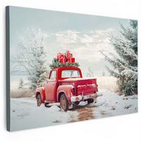 LEINWANDBILD Auto - Rot - Geschenke - Winter - Schnee - Weihnachten Gemälde 60x40 cm - Rot, Textil (60/40cm) - MuchoWow
