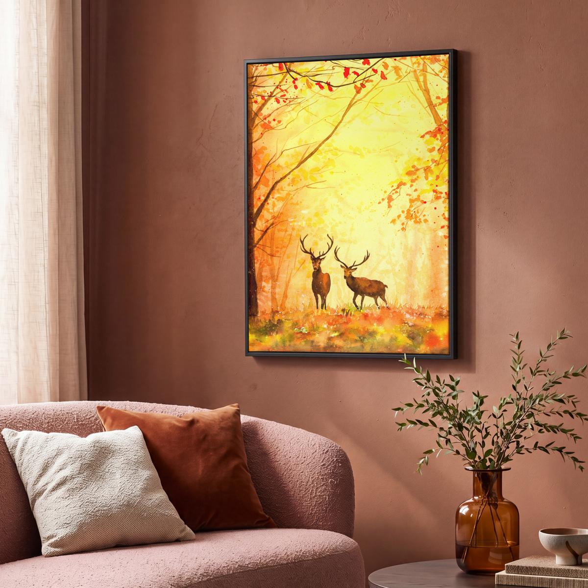 LEINWAND Bilder mit Rahmen - Natur - Ölfarbe - Hirsche - Tiere - Herbst - Orange - 70x100 - Orange, Textil (70/100cm) - MuchoWow