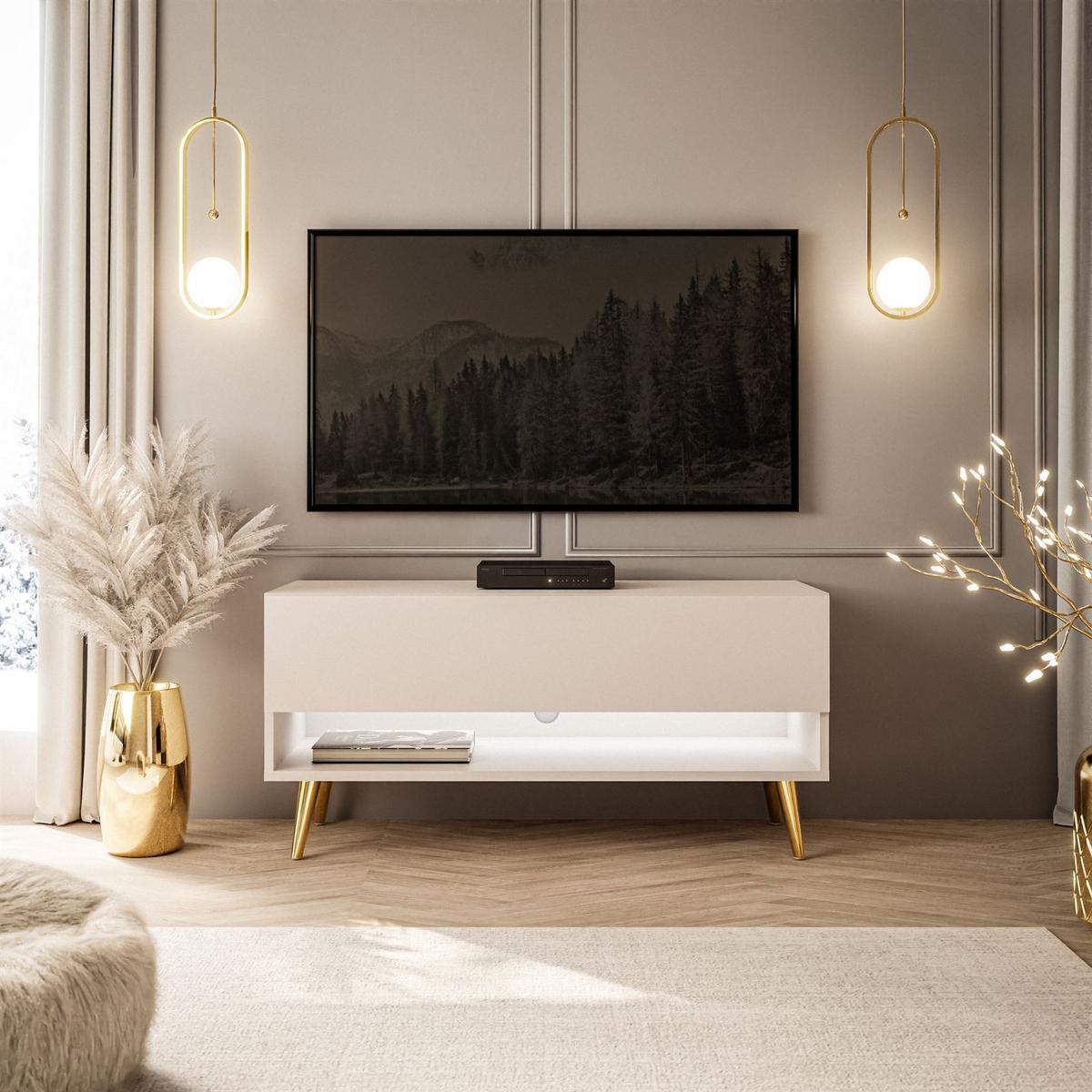 LOWBOARD TV-Schrank CALANTE 90 cm auf schrägen goldenen Chrom-Beinen - Kaschmir/Goldfarben, Holzwerkstoff/Metall (90/43/35cm) - Lookway