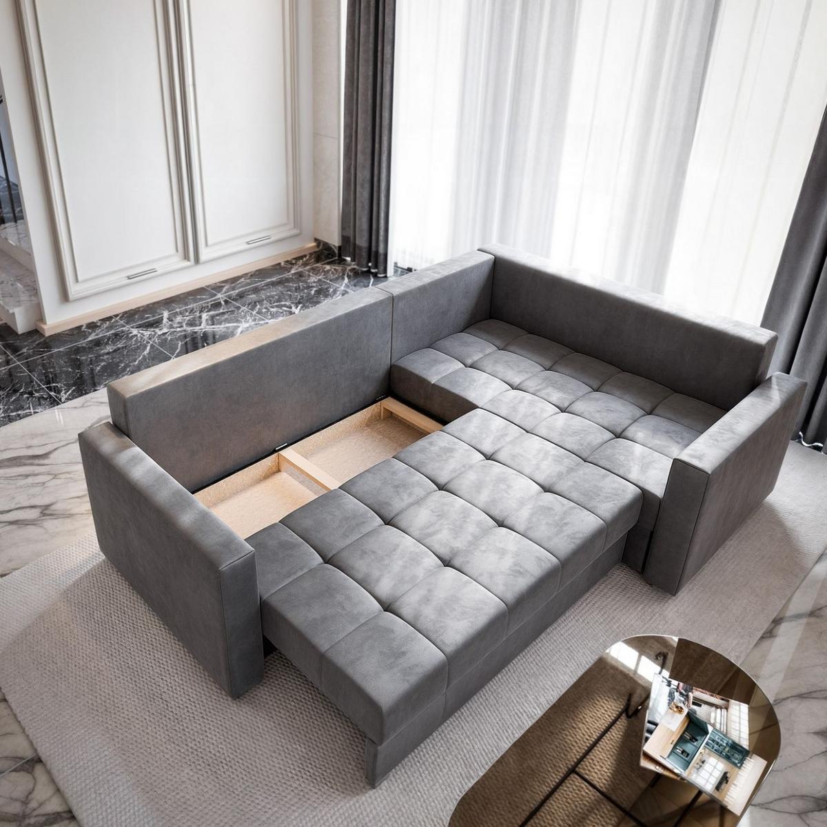 ECKSOFA LIRENO R-S Braun Plüsch-Stoff mit Schlaffunktion - Braun/Grau, Holz/Kunststoff (220/153cm) - MASSENO
