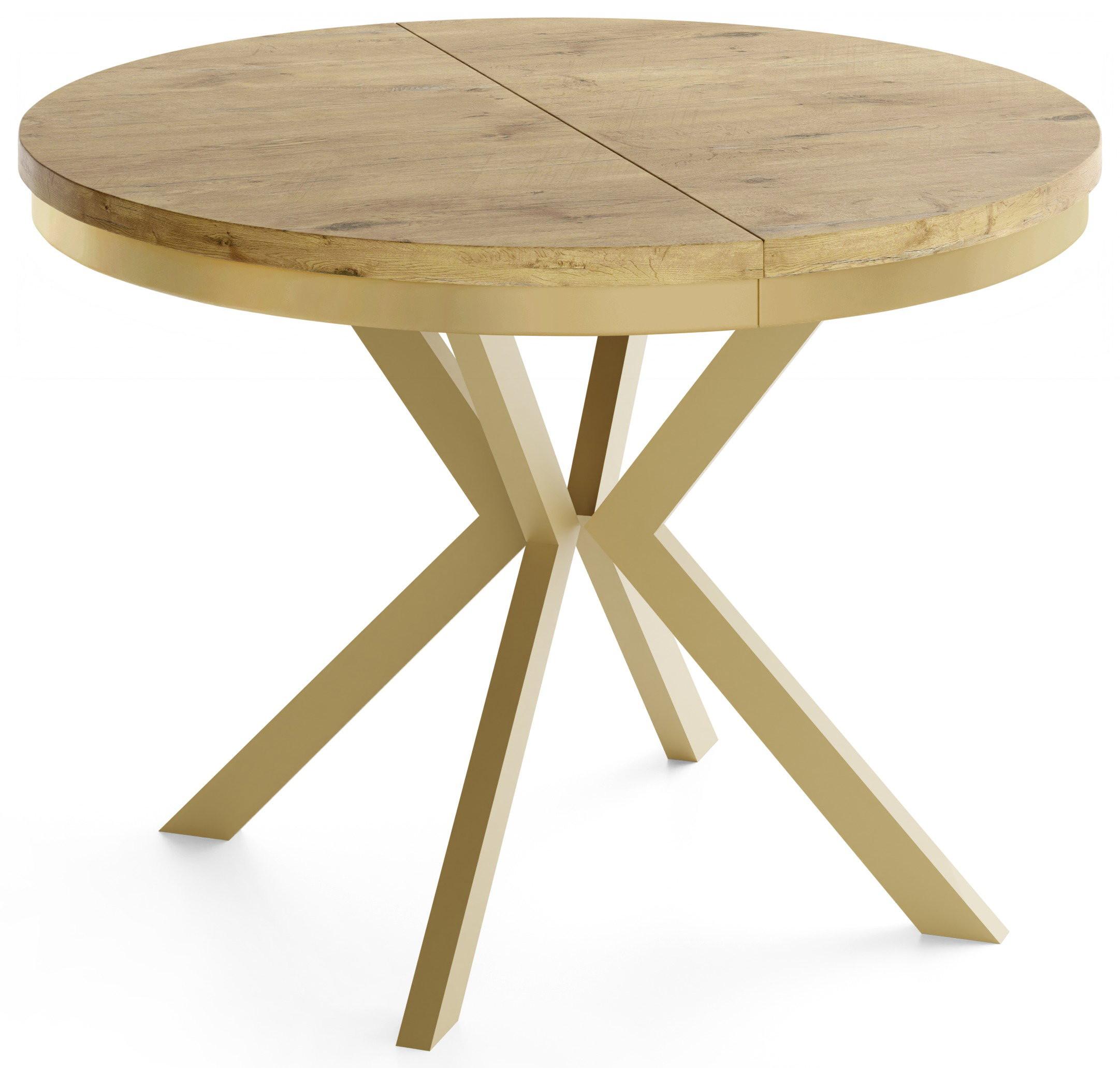 ESSTISCH Dina runder ausziehbarer, Lancelot Eiche 100-180/100/76 cm - Eichefarben/Goldfarben, Holzwerkstoff/Metall (100/180/76cm) - WFL GROUP