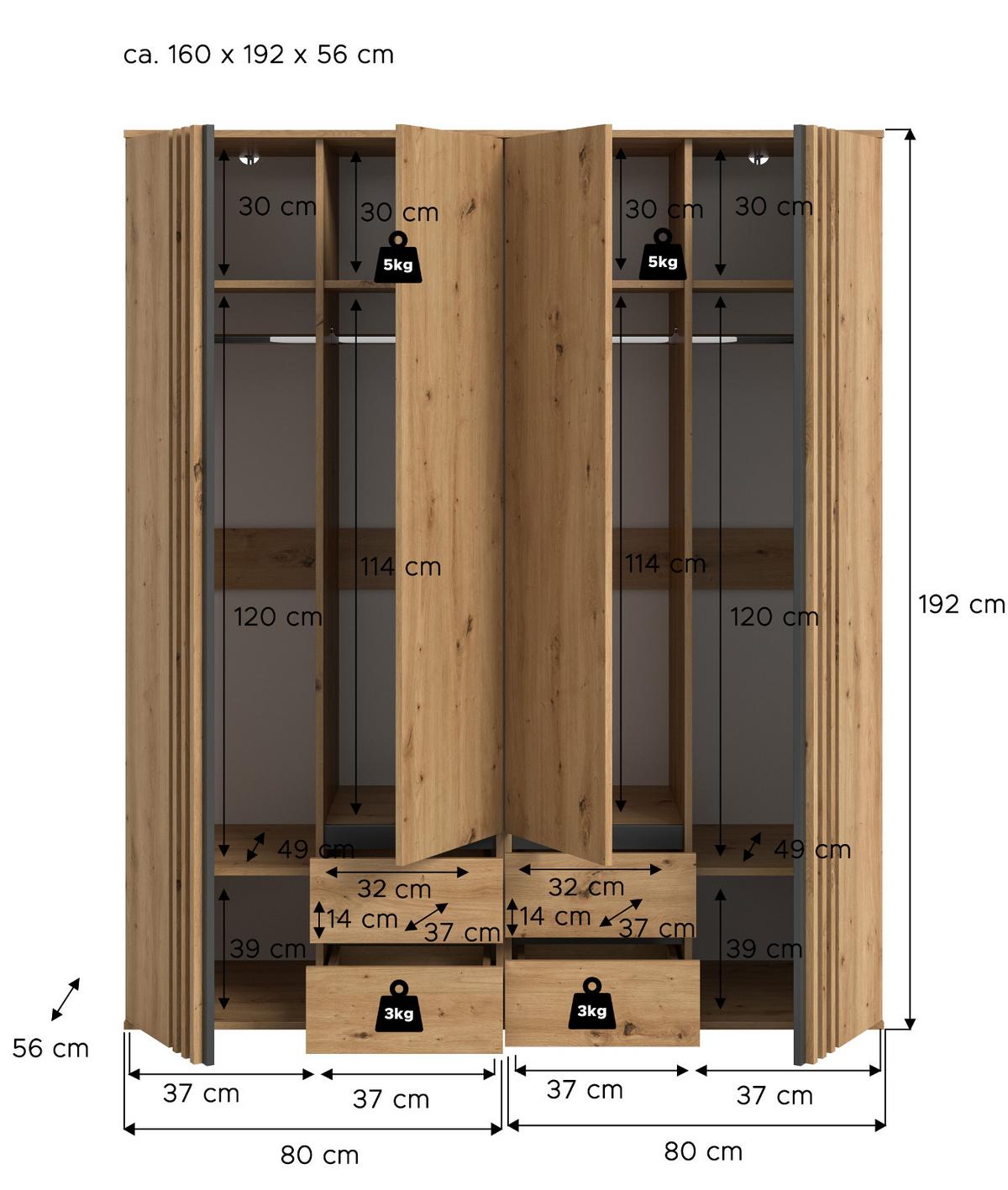 KLEIDERSCHRANK Eiche Artisan, grau 160 x 192 cm 4-türig, Drehtürenschrank mit Schubladen - Anthrazit/Eiche Artisan, Holzwerkstoff (160/192/56cm) - Inn.Furn
