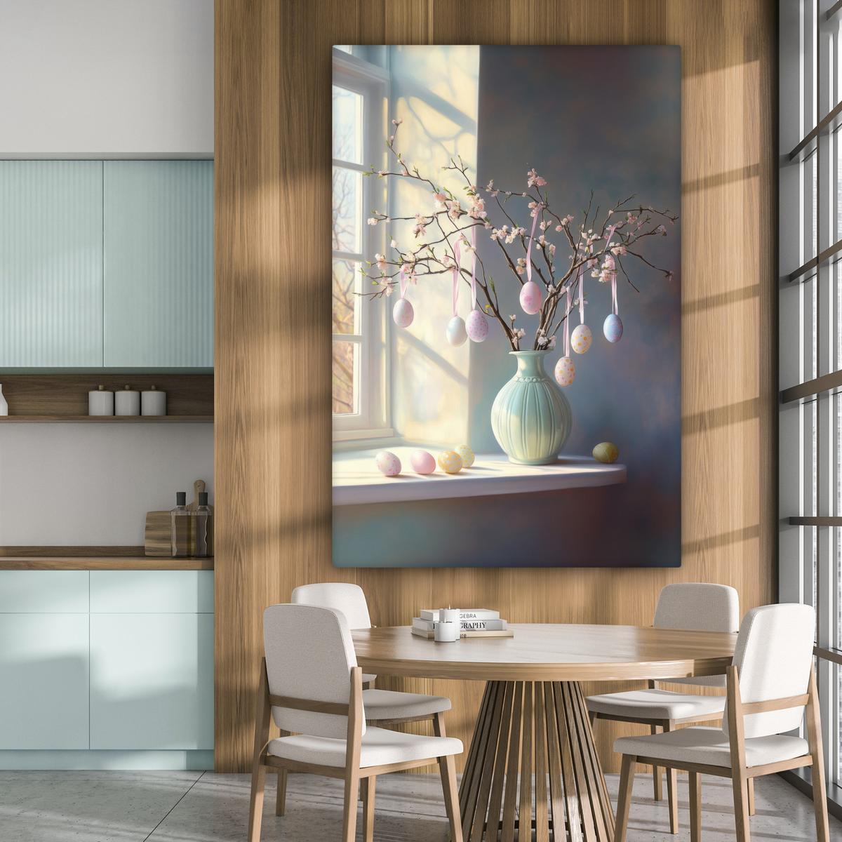 LEINWANDBILD Stillleben - Vase - Osterzweig Deko Groß 90x140 cm - Hellblau, Textil (90/140cm) - MuchoWow