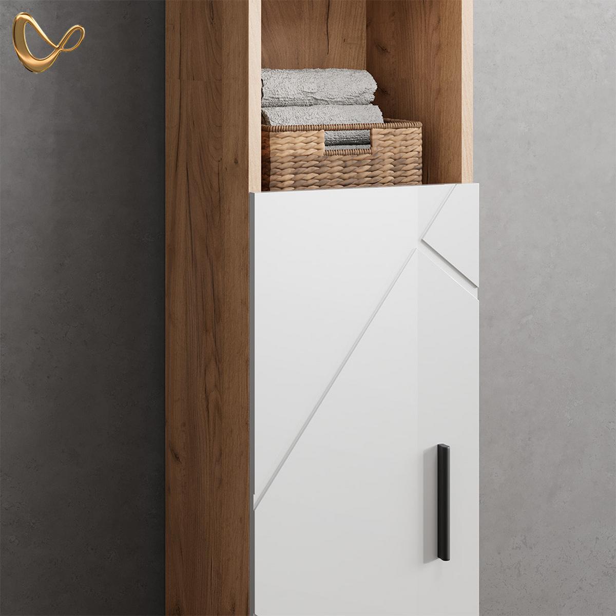 BADMÖBEL-SET Ronco Weiß Hochglanz/Goldkraft Eiche 3 Teile, mit Hochschrank - Honigeiche/Weiß Hochglanz, Holzwerkstoff (60/59/30cm) - Livinity®