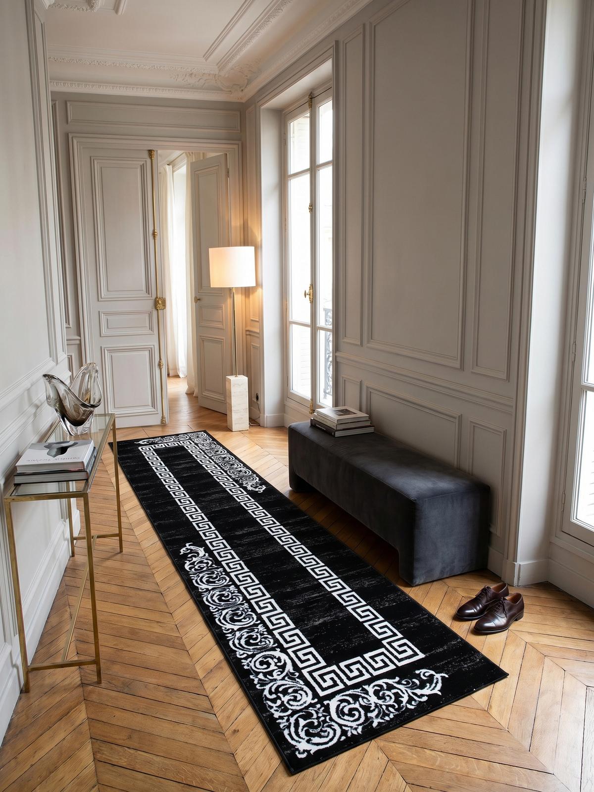 TEPPICH Kurzflor ASPEN in Schwarz, mit Mäander-Muster, 80 x 300 cm - Schwarz, Textil (80/300cm) - KADIMA DESIGN