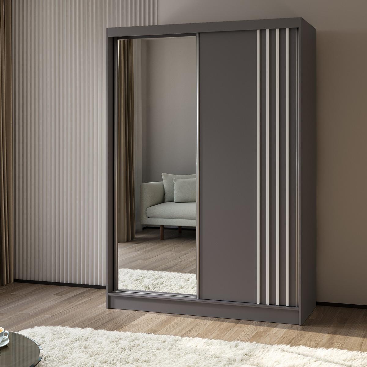 SCHWEBETÜRENSCHRANK NELVIA 150/216/61 cm 2-türig mit Spiegel Grau - Grau, Holzwerkstoff (150/216/61cm) - MASSENO