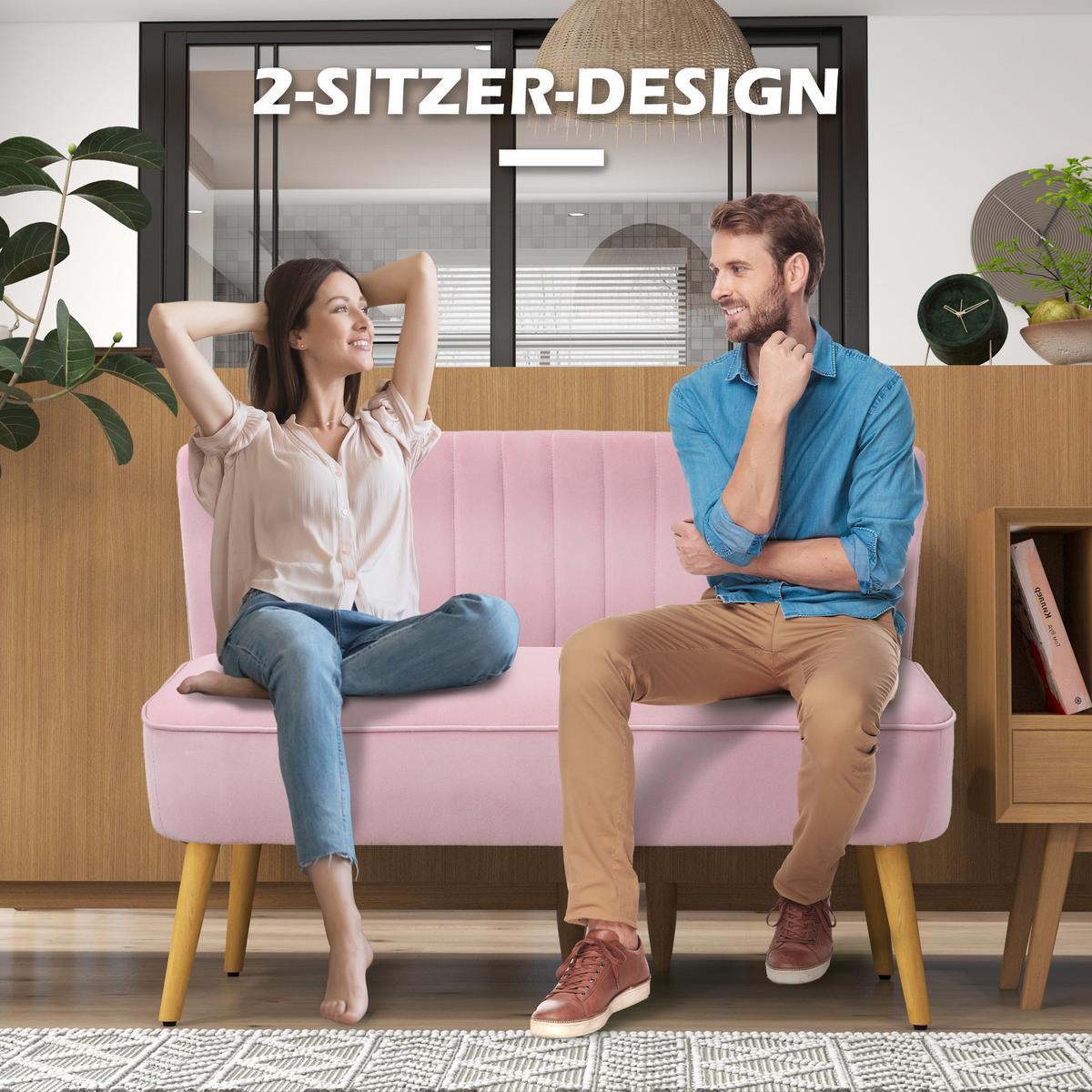 SOFA 2-Sitzer mit verstellbaren Fußpolster Pink - Rosa/Naturfarben, Holz/Textil (56.5/77/117cm) - HOMCOM