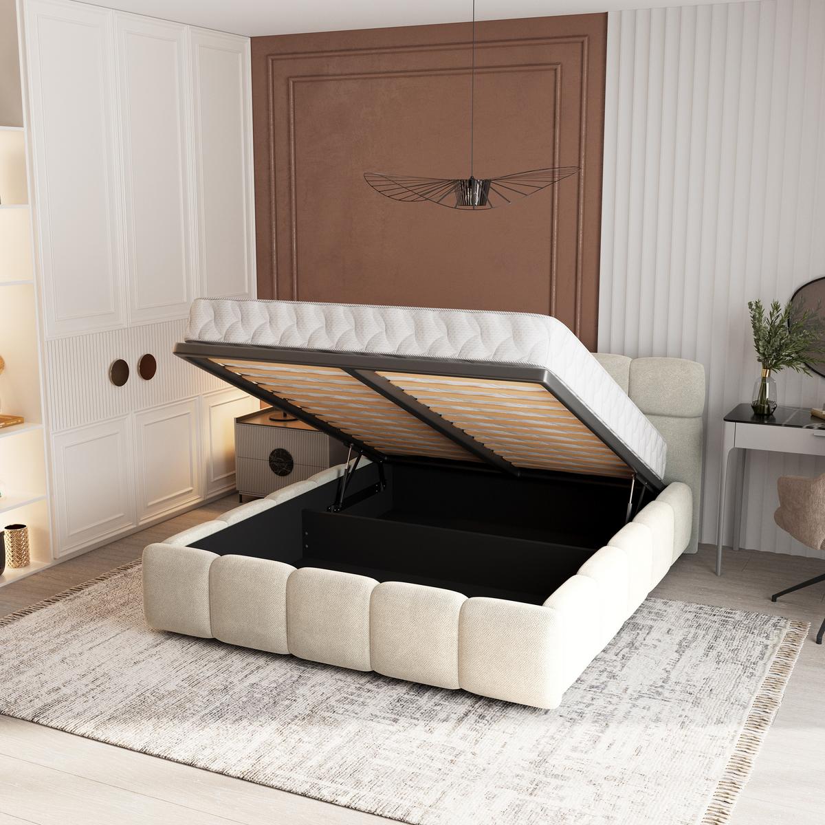 POLSTERBETT FARU SR 120x200 cm mit Bettkästen - Creme - Creme, Holz (120/200cm) - MASSENO