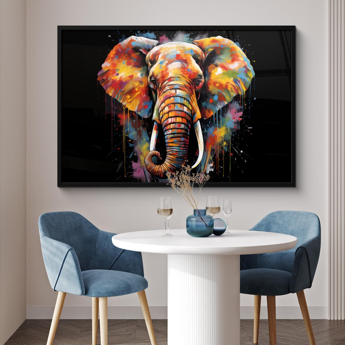 POSTER MIT RAHMENGERAHMTES BILD Elefant - Graffiti - Schwarz - Tiere - Farben 120x80 cm - Schwarz, Papier (120/80cm) - MuchoWow