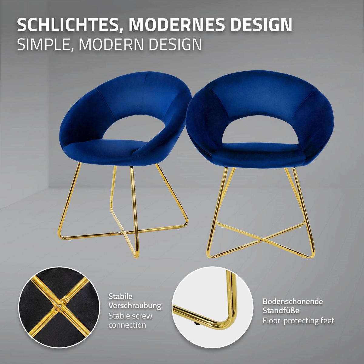 ESSZIMMERSTÜHLE 2er Set Blau Samt - Blau/Goldfarben, Metall (53/77/64cm) - ML-DESIGN